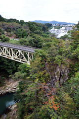 The overpass which hangs over the ravine - Nariaibashi brigde,Nariaikyo valley,Hirosegawa river,