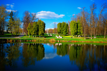 Spring park with water reflections landscape background hd