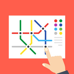 Subway map and pointing hand. Underground, metro map concepts. Flat design. Vector illustration