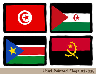 手描きの旗アイコン,チュニジアの国旗,西サハラの国旗,南スーダンの国旗,アンゴラの国旗 Flag of the Tunisia, Western Sahara, South Sudan, Angola, hand drawn isolated vector icon.