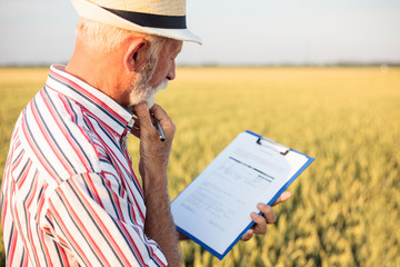 Serious senior farmer or agronomist filling out questionnaire while inspecting large organic farm....