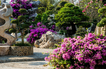 Fototapeta na wymiar Luxury landscape design of the tropical garden. Beautiful view of tropical landscape