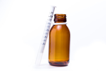 Bank of medical medicine with a syringe. Children's antibiotics.