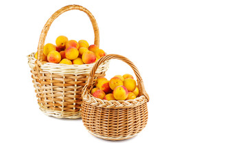 Fresh apricots in wicker baskets isolated on white background
