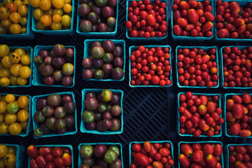 Fresh tomatoes on farmers market, California, USA. Pint baskets of organic colorful tomatoes on the counter at a farmers market. Organic vegetable stall. Selling fresh vegetables. Bio and eco food.