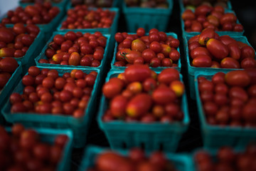 Fresh tomatoes on farmers market, California, USA. Pint baskets of organic colorful tomatoes on the counter at a farmers market. Organic vegetable stall. Selling fresh vegetables. Bio and eco food.