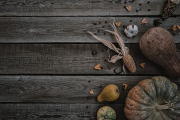Thanksgiving background. Pumpkins, apples, leaves, cotton flower and spices on brown wooden background. Seasonal fall background for Thanksgiving or Halloween. Design mock up. Horizontal, toned image.