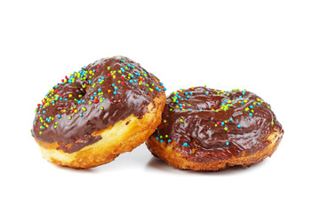 Glazed chocolate donuts isolated on white background