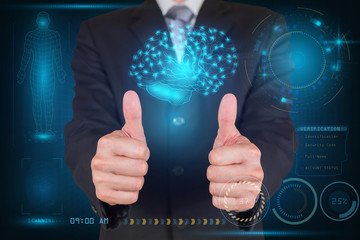 Businessman give a two thumbs up scanning finger security futuristic hi-tech as business, technology, innovation, congratulate, good and like concept.