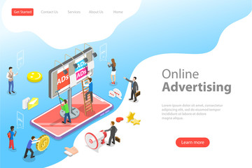 Flat isometric vector landing page template of mobile advertising, social media campaign, digital marketing.