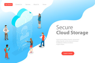 Flat isometric vector landing page template of secure cloud storage, big data, online computing service, mobile device sync.