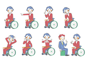 車椅子に座るスーツの女性　様々な表情　セット