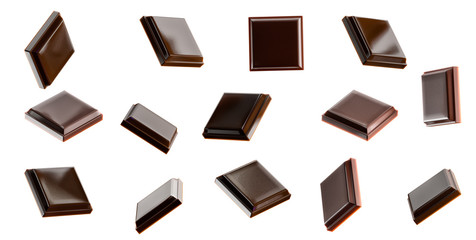 Milk and dark chocolate bar pieces set isolated on white background. Various chocolate advertising template design elements. Natural confectionery dessert ingredients.  3D render