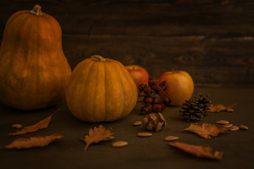 Beautiful autumn cozy still life. Pumpkins, autumn leaves, apples and cones on wooden background. Vintage decorative background with fall vegetables. Harvest time concept. Soft focus. Toned image.