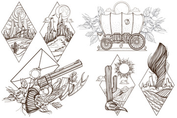 Wild west and nature. A set of outline illustrations with sketches of tattoos.