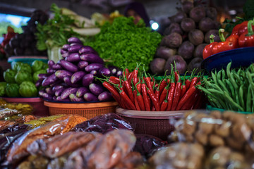 Organic fresh different vegetables from farmers market. Healthy local food market. Bio food, herbs and spices. Freshly harvested vegetables beetroots, eggplants, peppers. Autumn harvest concept.