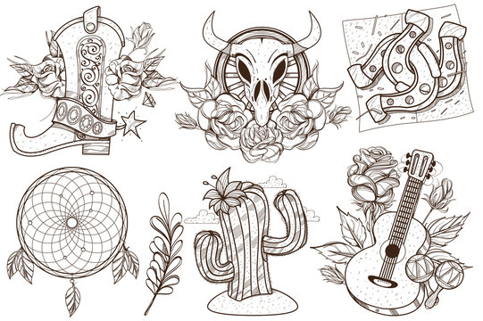 Wild west and nature. A set of outline illustrations with sketches of tattoos.