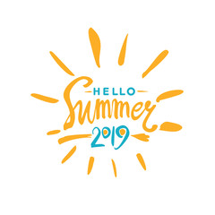 Vector lettering template Hello Summer 2019 and rays of the sun.