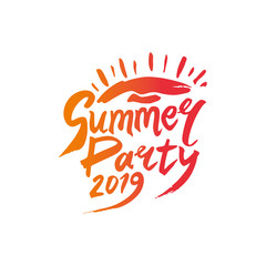 Obraz premium Summer Party 2019. Vector thematic logo in bright hot orange red color. Sun and handwritten sunny inscription. Bright Seasonal Label. Hot summer time.