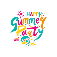 Fototapeta na wymiar Happy Summer Party 2019. Vector multicolored template logo. Sun and handwritten inscription. Bright Seasonal Label. Hot summer time.