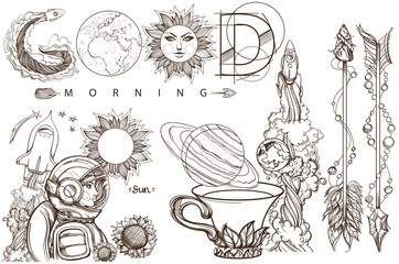 Space. Beautiful inscription: Good morning. A set of outline illustrations with sketches of tattoos.