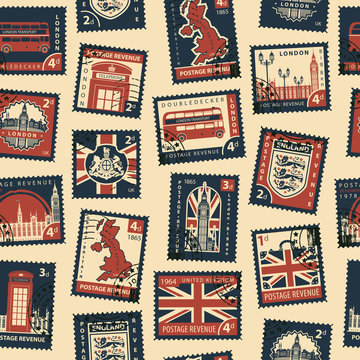Retro Postage Seamless Background. Vector seamless pattern on UK and London theme with postage stamps and postmarks in retro style. Can be used as wallpaper, wrapping paper or fabric