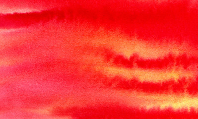 Abstract watercolor background. Red with yellow stripes shading on raw paper. Paper texture