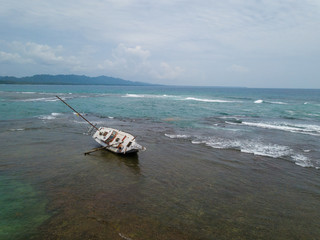 Beautiful aerial view of the sunken ship in Puerto Viejo Beach -Costa Rica-