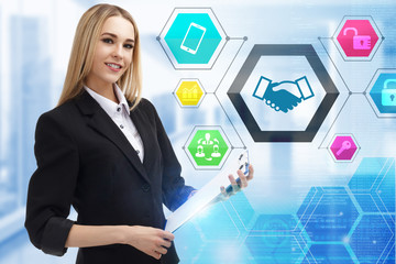 The concept of business, technology, the Internet and the network. A young entrepreneur working on a virtual screen of the future and sees the inscription: