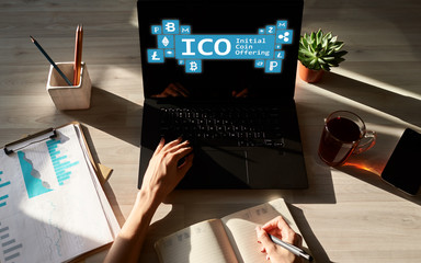 ICO - initial coin offering. Cryptocurrency, Blockchain. Fintech, modern financial technology...