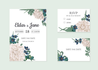 Vector floral bouquet design: chrysantemum, dahlia, greenery, leaves, flower, berry. Wedding vector invitation card. Perfect for background greeting cards of the birthday, Valentine's, Mother's Day.