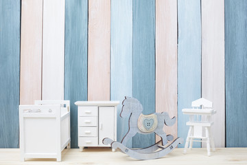 view of beautiful children room with blue wall copy space