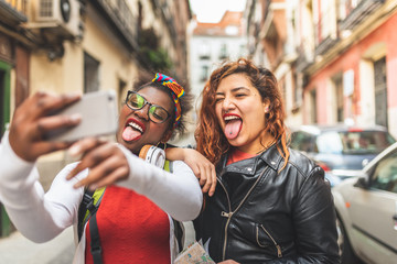 Two Teenage Female Friends Taking a Selfie Outdoors.