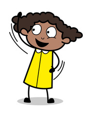 Waving Hand in Joy - Retro Black Office Girl Cartoon Vector Illustration