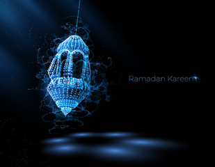 Ramadan kareem arabic greeting card. luminous lanterns. Traditional arabic poster card object. Islamic Festival concept. Polygonal wireframe light - Vector