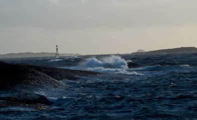 Waves in storm with rocks