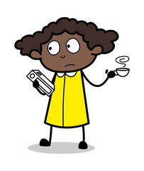 Book with Refreshment - Retro Black Office Girl Cartoon Vector Illustration