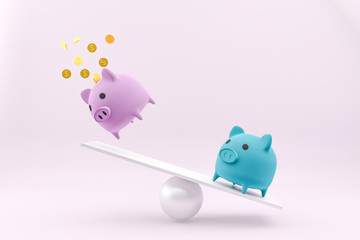 piggy bank in side view stands on a wooden seesaw balanced, 3d rendering