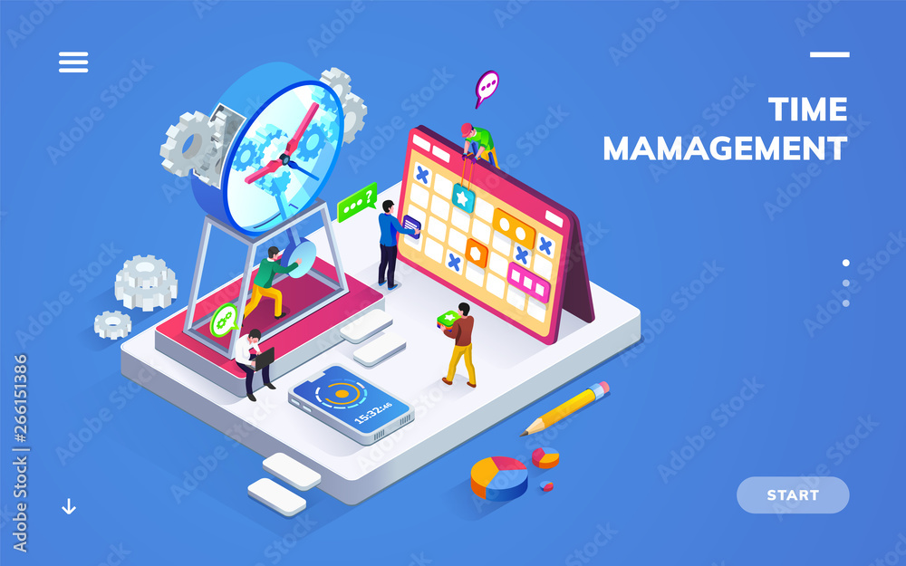 Aufkleber isometric banner for time management or schedule with people near clock and calendar. sign or banner