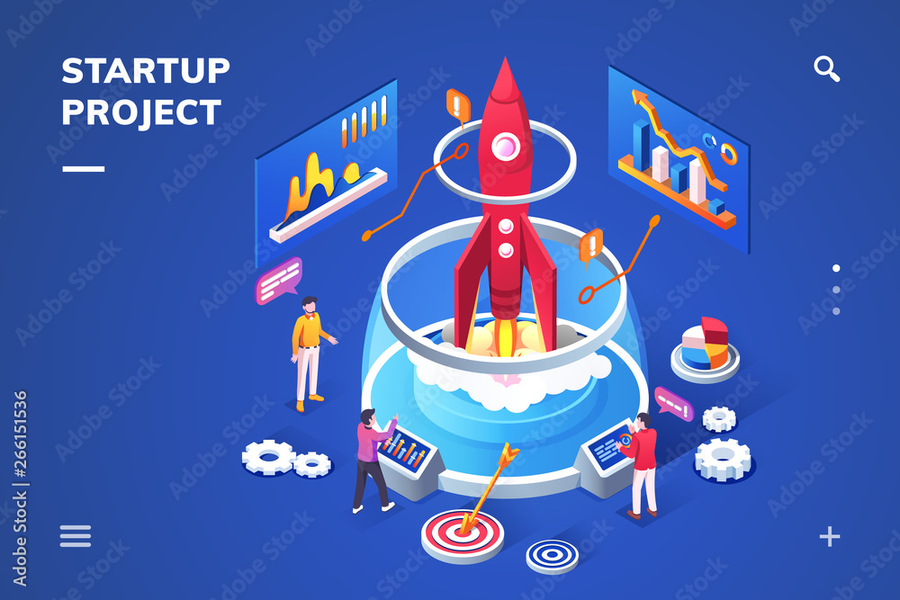Aufkleber Isometric landing page for startup project. Banner for new product concept. Isometry view on 3d sign for start up. Rocket as symbol for business or idea launch. Spaceship for innovation company