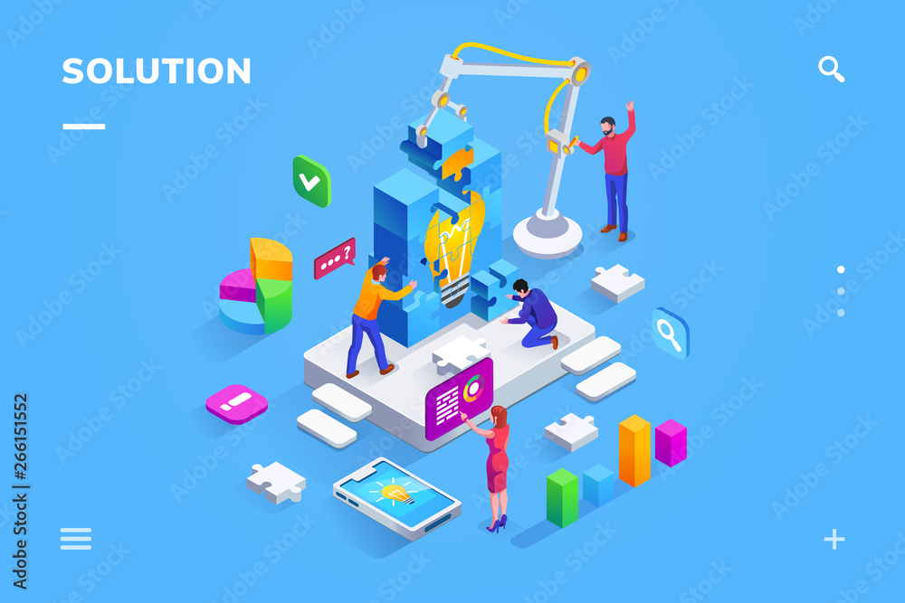Poster Isometric view on teamwork at finding business solution. Team of people set up puzzle of lamp and analyzing flat chart. Management communication or brainstorming, office marketing. Cloud web service