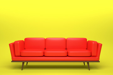 Red Leather sofa design in yellow background, 3D rendering illustration.
