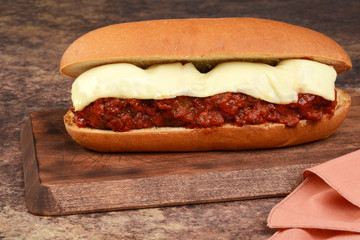 closeup meatball sub sandwich with cheese