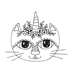 Cartoon cat with flower on the head for coloring book or pages