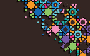 Islamic arabesque design greeting card for Ramadan Kareem,Arabic ornamental colorful detail of mosaic isolated on a dark background