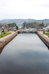 Fototapeta premium Caledonian Canal in Fort Augustus at Loch Ness Highlands Scotland Great Britain