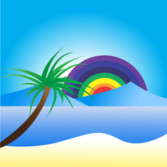 Fototapeta na wymiar Paradise beach, Seascape,coconut tree,rainbow,mountain,vector illustration