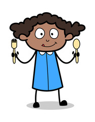 Showing Spoons - Retro Black Office Girl Cartoon Vector Illustration