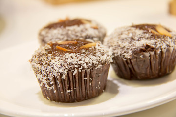  chocolate cup cake and coconut powder on top