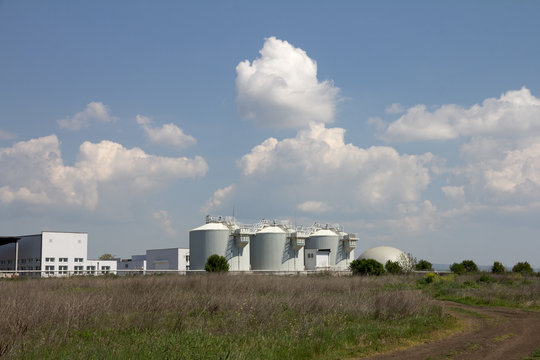 Urban sewage treatment plants. A modern complex of sewage and wastewater treatment tanks on the Black Sea coast in the vicinity of Aheloy, Bulgaria.